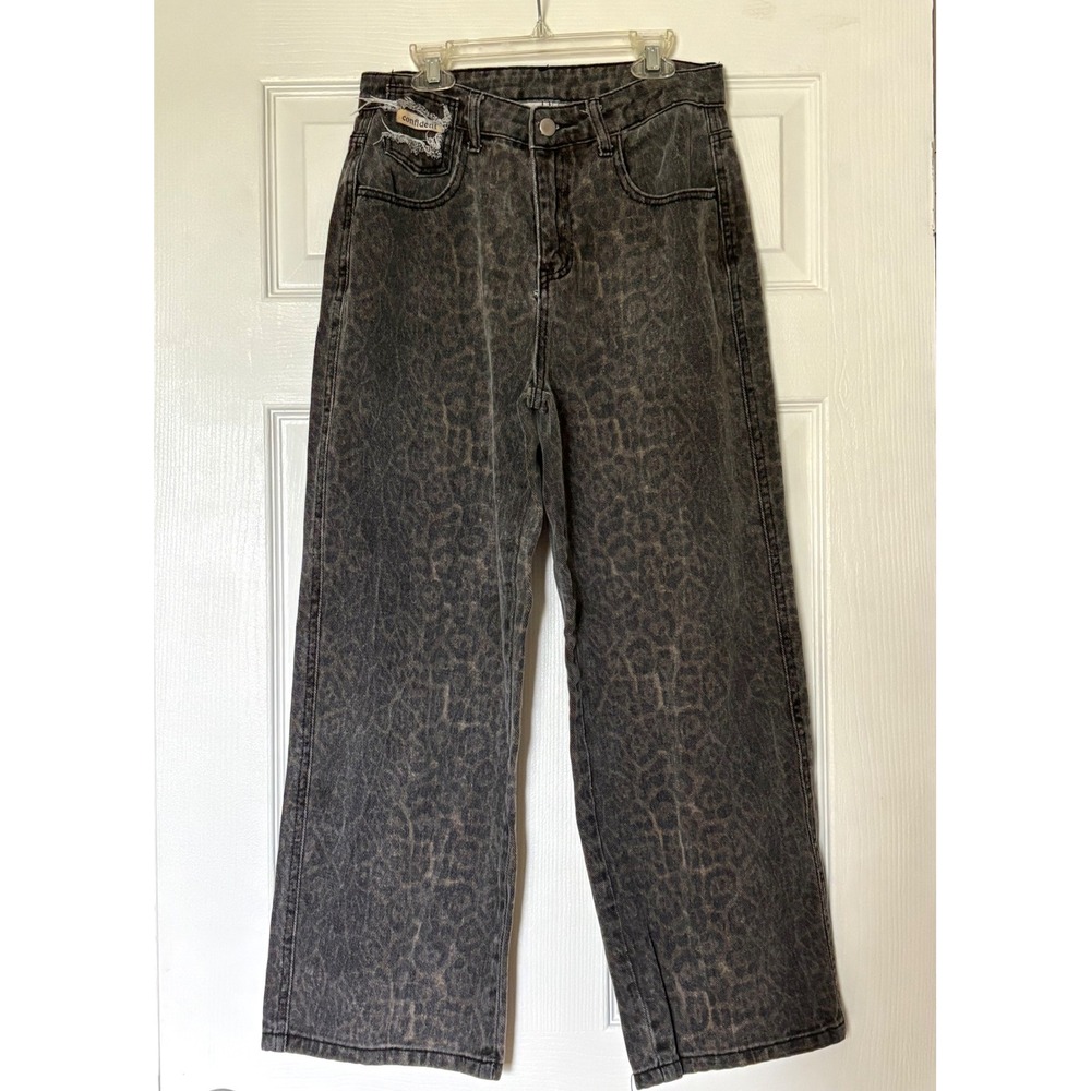 DAZY Leopard Print High Waisted Straight Leg Jeans Grey Brown Acid Wash Size M